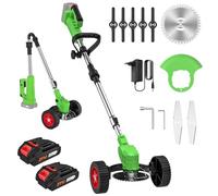 Decespugliatore elettrico senza fili 21 V, taglio bordo senza fili con 2 batterie e 3 tipi di lame, ruote rimovibili, regolabile in altezza, pieghevole decespugliatore a batteria per giardino potatura