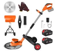 Decespugliatore elettrico senza fili 21 V, taglio bordo senza fili con 2 x 3,0 Ah batteria e 2 tipi di lame, 650 W motore senza spazzole, ruote rimovibili, asta telescopico, display a LED