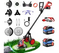 Decespugliatore elettrico senza fili con ruote, 30,5 cm, con 2 batterie da 3,0 Ah e caricabatterie, motore brushless, 4 in 1, telescopico, leggero, per prato, falciatura, bordatura, giardino