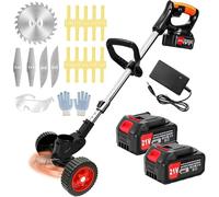 Decespugliatore Tagliabordi a Batteria 21V, Tagliaerba Elettrico da Giardino con 2 2.0Ah Batterie e 4 Tipi di Lame, Ruote Rimovibili, Maniglia Regolabile Decespugliatori per Prati, Arbusti