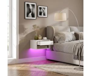 DecHome - Comodino Camera da Letto Moderno Sospeso 1 Cassetto e 1 Vano Giorno Set 2 Comodini con Luci LED Dimensioni 37x32x21 Bianco