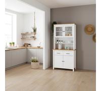 DecHome Credenza Cucina Alta Moderna in Legno Mobile Cucina con Vetrina 4 Ante 2 Cassetti Dimensioni 90x40x180 cm colore Bianco/Rovere - Miranda
