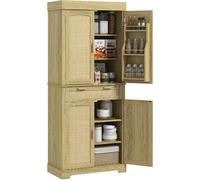 DecHome Credenza Cucina Stile Boho con 2 Armadietti, Cassetto e Portaspezie in Legno e Rattan 76x40x183 cm colore Rovere - AKA529F