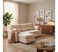 DecHome Divano Angolare 3 Posti con Chaise Longue Letto Estraibile Vano Contenitore in Velluto Dimensioni 205x135x76 cm colore Beige