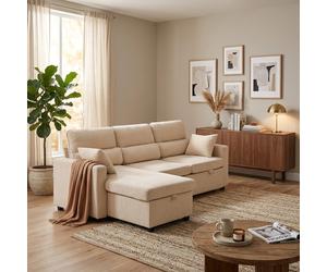 DecHome Divano Angolare 3 Posti con Chaise Longue Letto Estraibile Vano Contenitore in Velluto Dimensioni 205x135x76 cm colore Beige