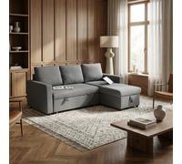 DecHome Divano Letto 3 Posti Moderno con Chaise Longue in Tessuto effetto Lino Dimensioni 211.5x146x85 cm colore Grigio