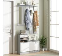 DecHome Mobile Ingresso 4 Ganci Scarpiera e Specchio 90x10x102 cm Bianco/Grigio
