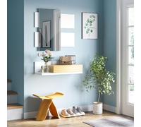 DecHome Mobile Ingresso Sospeso Mensola Cassetto Specchio 75x29x20 Bianco/Legno