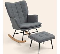 DecHome - Poltrona a Dondolo Stile Scandinavo in Tessuto Effetto Lino con Pouf Dimensioni 64x89x90 cm Grigio