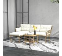 DecHome - Salotto da Giardino Esterno con Chaise Longue, Divanetto, Cuscini e Tavolino in Rattan e Acciaio Colore Bianco Crema e Legno