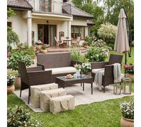 DecHome - Salotto da giardino esterno con Divano 2 Posti 2 Poltrone e Tavolino con Cuscini in Rattan PE colore Beige/Marrone