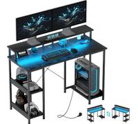 DecHome Scrivania per Pc Reversibile Prese,Luci e Supporto Monitor Nero