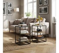 DecHome Set 2 Tavolini Quadrati Legno Metallo Vetro Temperato 37x40x55,5 Marrone