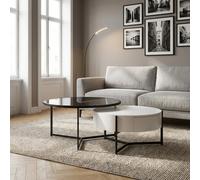 DecHome Set 2 Tavolini Tondi Vetro e Metallo 70x38/60x34,5 Bianco/Nero Velvi