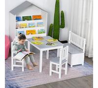 DecHome Set Tavolo per Bambini, 2 Sedie e Cassapanca Bianco/Grigio