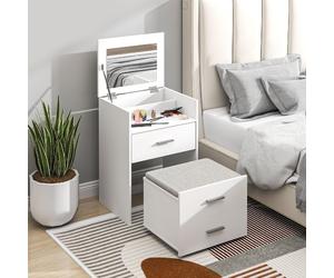 DecHome Tavolo da Trucco con Specchio, 2 Cassetti e Sgabello Bianco