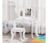 DecHome Toeletta per Bambini con Sgabello in Legno Tavolo Trucco con Triplo Specchio e Cassetto 63x40x85.5cm Bianco