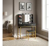 DecHome Toeletta trucco con Specchio Sgabello Luci LED 90x45x132,5 cm Nero/Oro