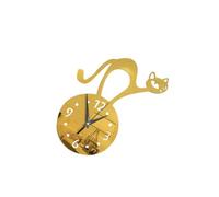 DECHOUS 1pezzi Orologio Da Parete Decorativo Specchio Con Gattino Cartone Orologio Murale Adesivo Per Casa e Bar Design Silenzioso Facile Da Pulire Senza Batteria Dorato