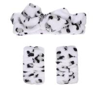 DECHOUS Set 3 Fasce per Chioma in Flanella Leopardata Polsiera Abbinata, Fasce Elastiche per Trucco e Pulizia Viso, Morbide e Leggere, per Spa, Bagno e Cura della Pelle