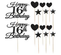 DECHOUS Set da 10 Decorazioni per Torta di Compleanno 16 Anni Nere Glitterate con Numeri Cuori e Stelle in Carta per Adolescenti Topper per Cupcake e Torte per Feste di Ragazzi e