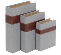 Deco 79 Scatola decorativa in tessuto di lino, a forma di libro, con dettagli in ecopelle, set di 3 scatole decorative per ricordi da 38,1 cm, 30,5 cm, 22,9 cm, colore grigio