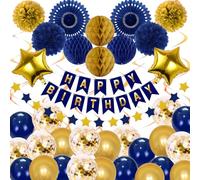 Deco Compleanno Blu Navy Oro, Decorazioni per Festa Compleanno Pompon Carta Seta Ghirlanda, Palloncino Blu Oro Deco Compleanno, Banderole Buon Compleanno per Ragazzo Uomo Donna Matrimonio Festa