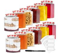 DECO EXPRESS Barattoli di Vetro con Coperchio, Vasetti Vetro Piccoli, 250 ml, 500 ml, Ermetici, per Conserve e Marmellata, con Etichette e Pennarello (Rosso, Pacco da 12, 500 ml)