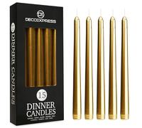 DECO EXPRESS Candele Lunghe - Candele Bianche e Colorate Pacco da 10/15/50 - Candele 8 Ore Lunga Durata - Candele per Candelabro Eleganti Cena Festività (Dorato - Pacco da 15)