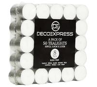 DECO EXPRESS Candele Tealight - Candele Bianche 50/100 Pezzi Candele Piccole - Candele Lunga Durata 4/8 Ore - Lumini Candele Non Profumate (50 Pezzi - 4 Ore)