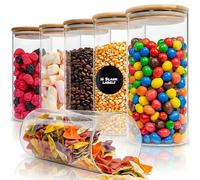 Deco haus Barattoli Vetro con Coperchio Legno Set di 6 [+ETICHETTE] - Contenitori Pasta Vetro - Contenitori Cucina - Porta pasta contenitore per Biscotti, Farina, Cereali, Spaghetti - 6 x 1400 ml