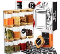 Deco haus® Set di 12 barattoli per spezie rettangolari,etichette per spezie | con coperchio in legno, set per conservare le spezie, contenitori per spezie - 280ml