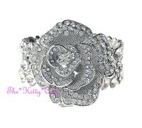 Deco Vintage 3d Fiore Rosa Floreale Largo Argento Polsino Bracciale W