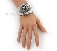 Deco Vintage Gatsby Pesante Argento Fiore Rosa Braccialetto Bracciale W/
