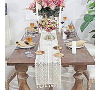 DÉCOCO 9.5"x 71" Runner da Tavolo in macramè Bianco Pizzo all'Uncinetto Elegante tovaglia a Rete Cava per Decorazione da Sposa Rustica Boho Vintage