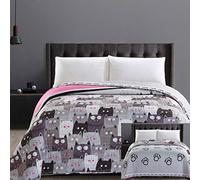 DecoKing copriletto trapuntato in microfibra, double-face, trapunta, facile da pulire, grigio acciaio antracite grafite nero bianco rosa gatti Cats' Invasion., Microfibra, Cats' Invasion, 220x240 cm