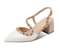 Décolleté con Borchie per Donna Sandali con Tacco Sexy a Punta Chiusa Tacco Grosso Slingback Tacco Basso a Blocchi Pompa da Sposa con Cinturino,Bianca,33