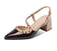 Décolleté con Borchie per Donna Sandali con Tacco Sexy a Punta Chiusa Tacco Grosso Slingback Tacco Basso a Blocchi Pompa da Sposa con Cinturino,Marrone,37
