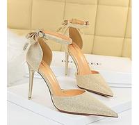 Décolleté con paillettes da donna Décolleté con punta a punta Fiocco posteriore Cinturino alla caviglia Fibbia Tacchi alti Sandali ritagliati Scarpe da sposa da ufficio da donna Tacco 10 cm,D'oro,40