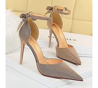 Décolleté con paillettes da donna Décolleté con punta a punta Fiocco posteriore Cinturino alla caviglia Fibbia Tacchi alti Sandali ritagliati Scarpe da sposa da ufficio da donna Tacco 10 cm,Marrone,43