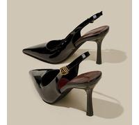 Décolleté con punta affusolata e tacco a rocchetto in vernice nera, eleganti scarpe da cerimonia con cinturino alla caviglia, adatte per abiti da festa EUR34,EUR35,EUR36,EUR37,EUR38,EUR39,EUR40,EUR41,