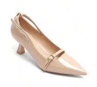 Décolleté con tacco basso in pelle verniciata beige con elegante cinturino - Scarpe raffinate da donna per matrimoni e ufficio Adotta il fascino, la bellezza della vita quotidiana, la bellezza dei col