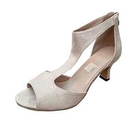 Décolleté da donna con tacco medio, sandali eleganti in pelle scamosciata, con cinturino a T, comode, aperte sul lato, scarpe da sera per feste, matrimoni e ospiti, Beige, 39.5 EU