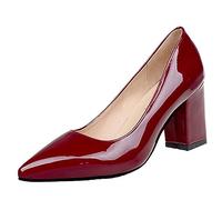 Décolleté da Donna in Pelle Verniciata con Tacco Quadrato da 7,5 cm Scarpe Classiche Décolleté con Punta a Punta Party Plus Size,Wine Red,35 EU