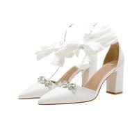 Décolleté da Sposa da Donna con Abito da Damigella d'Onore - Sandali Stringati con Tacco Grosso da 8 cm - Comfort Versatile da Sposa, Scarpe da Sera,Bianca,43 EU