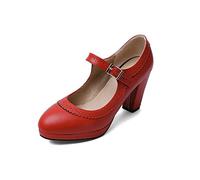 Décolleté Mary Jane Oxford con Punta Tonda e Tacco Medio Traforato Scarpe da Sera Scarpa Rockabilly con Plateau retrò con Cinturino alla Caviglia (Color : Rosso, Size : 36 EU)
