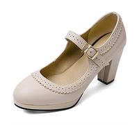 Décolleté Mary Jane Oxford con Punta Tonda e Tacco Medio Traforato Scarpe da Sera Scarpa Rockabilly con Plateau retrò con Cinturino alla Caviglia (Color : Beige, Size : 35 EU)