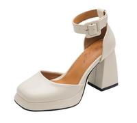 Décolleté Mary Jane per Le Donne Tacchi con Plateau e Cinturino alla Caviglia Punta Quadrata Tacco a Blocco Scarpe Primaverili per Feste, Matrimoni e Abbigliamento Quotidiano Beige 37 EU