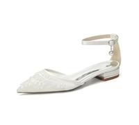 Décolleté Sposa Tacco Basso con Perla Pizzo Raso Scarpe Donna Eleganti per Matrimonio