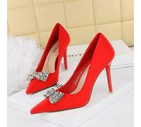 Decolte Rosso Fuoco Con Tacco A Spillo 10,5 Cm E Fiocco Strass Luminosi CF42426